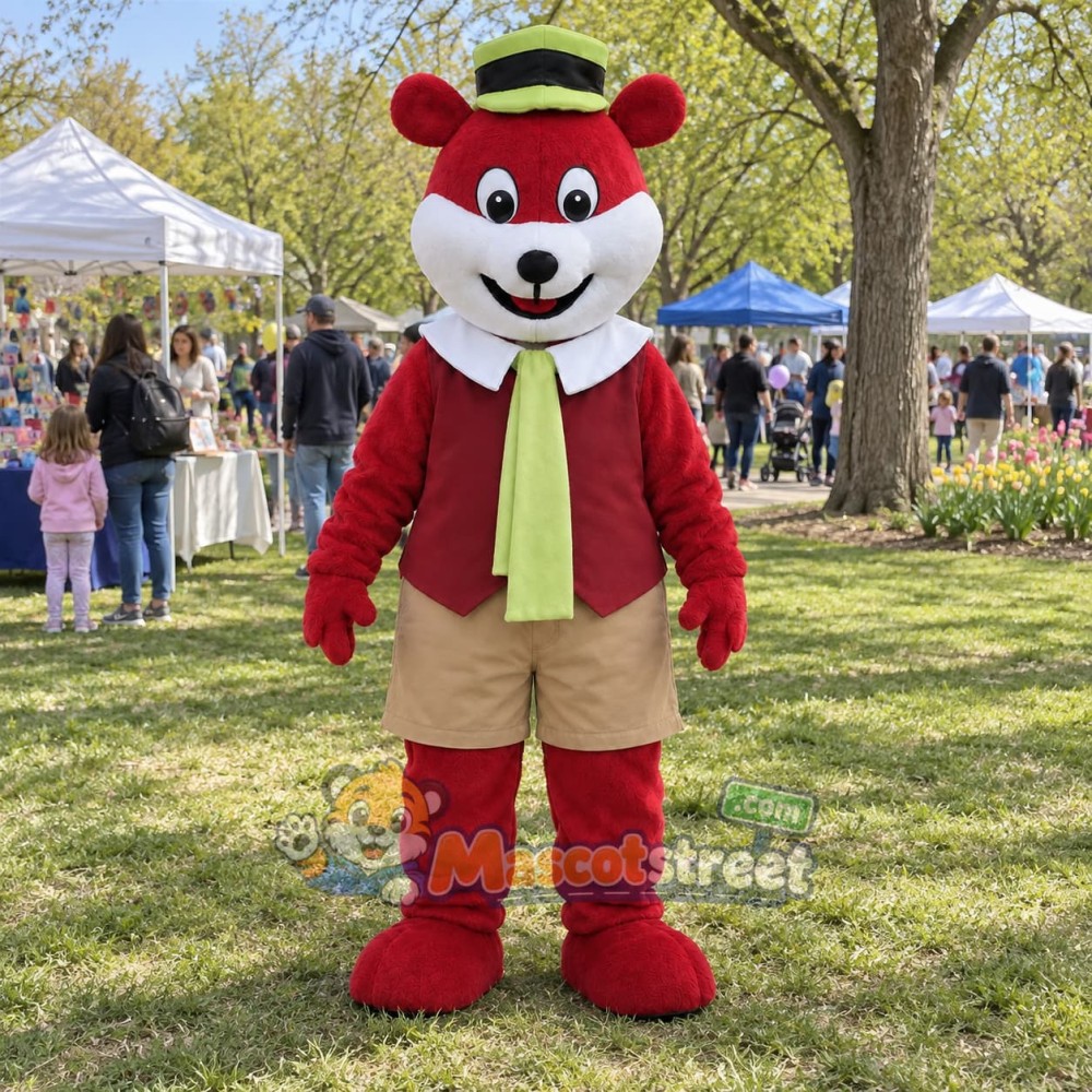 Red Bear Mascot Costume with Green Vest and Straw Hat Red Bear Mascot Costume with Green Vest and Straw Hat