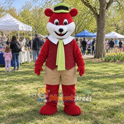 Red Bear Mascot Costume with Green Vest and Straw Hat Red Bear Mascot Costume with Green Vest and Straw Hat
