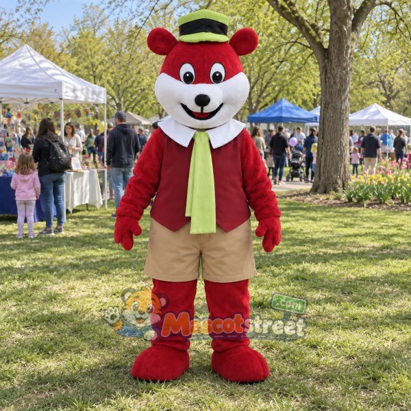 Red Bear Mascot Costume with Green Vest and Straw Hat