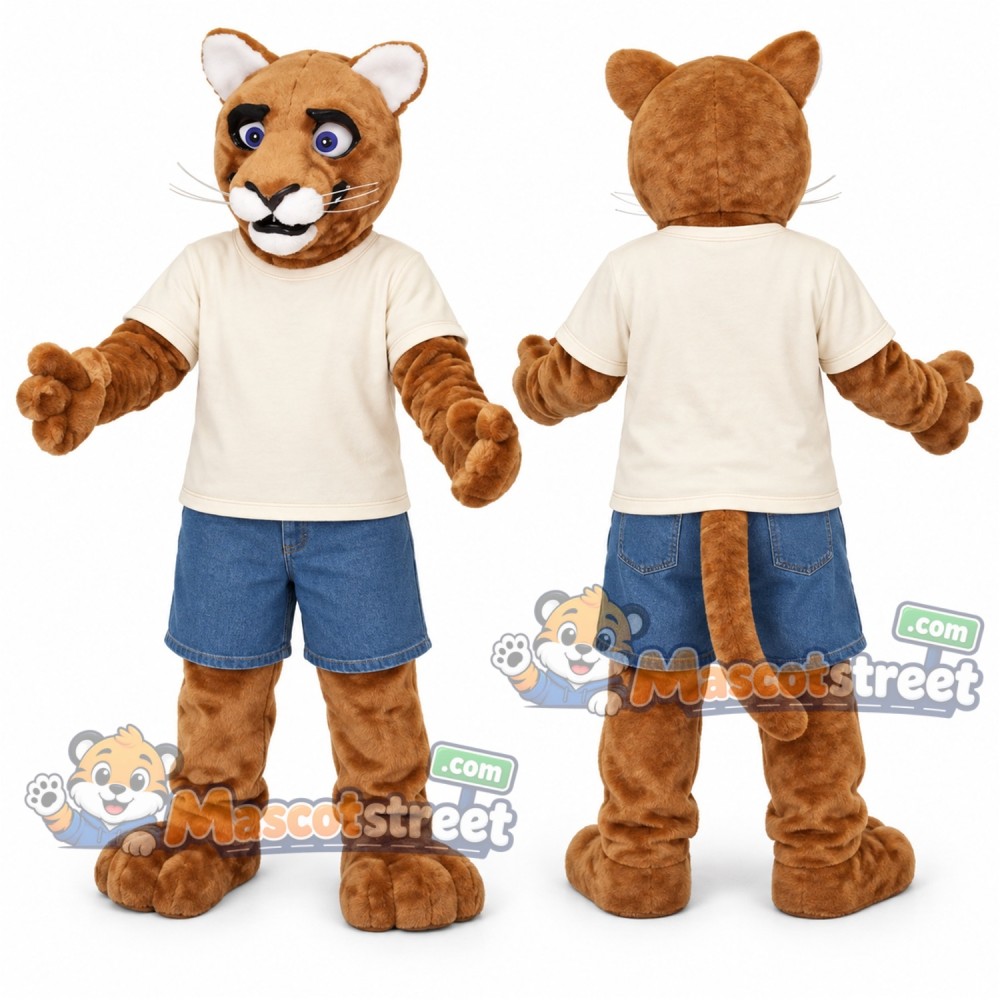 Tan Cougar Mascot Costume with Cream Shirt and Blue Shorts Tan Cougar Mascot Costume with Cream Shirt and Blue Shorts