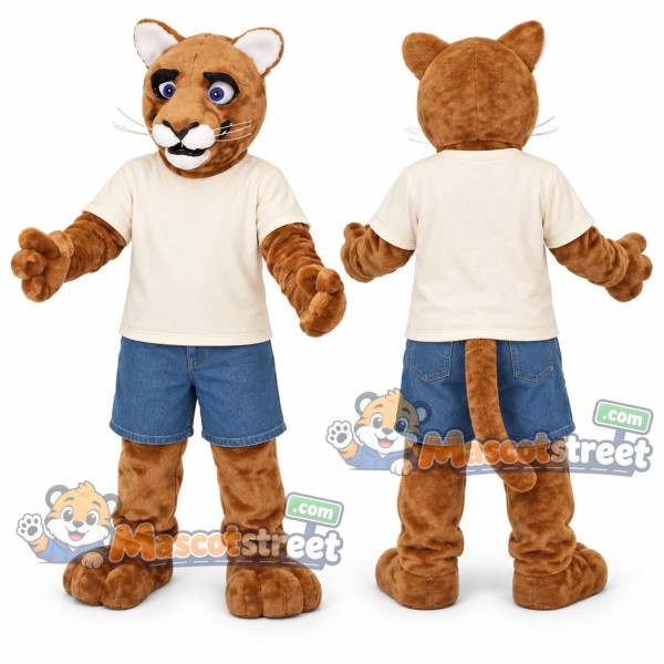 Tan Cougar Mascot Costume with Cream Shirt and Blue Shorts