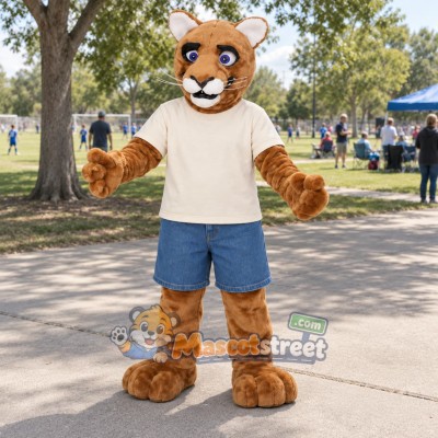 Tan Cougar Mascot Costume with Cream Shirt and Blue Shorts Tan Cougar Mascot Costume with Cream Shirt and Blue Shorts