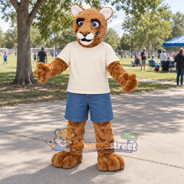 Tan Cougar Mascot Costume with Cream Shirt and Blue Shorts