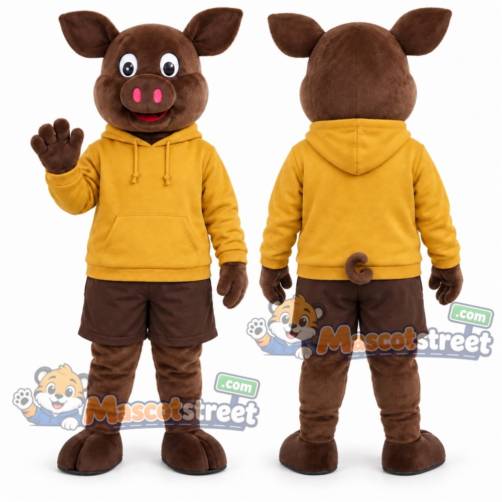 Brown Pig Mascot Costume with Yellow Hoodie and Brown Shorts