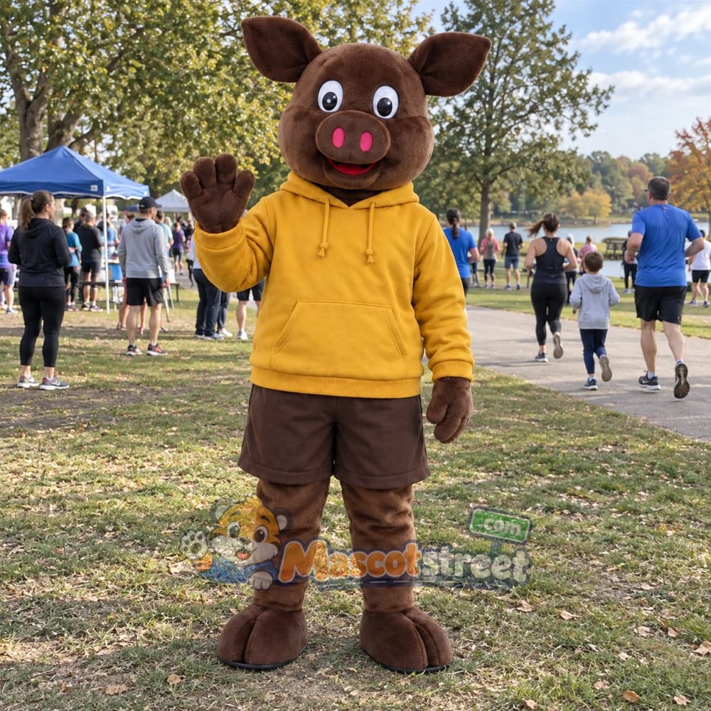 Brown Pig Mascot Costume with Yellow Hoodie and Brown Shorts