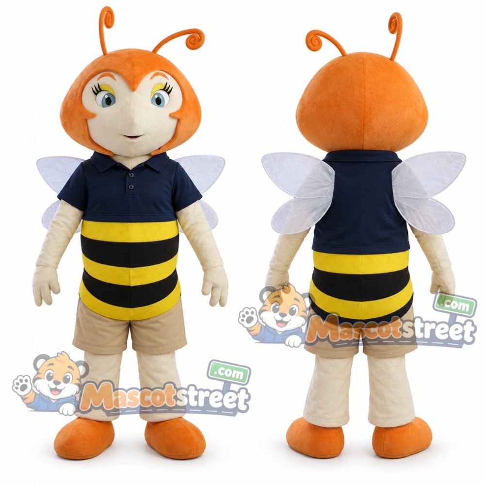 Bee Girl Mascot Costume with Navy Shirt and Tan Shorts Bee Girl Mascot Costume with Navy Shirt and Tan Shorts