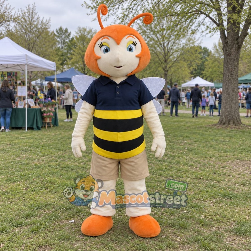Bee Girl Mascot Costume with Navy Shirt and Tan Shorts Bee Girl Mascot Costume with Navy Shirt and Tan Shorts