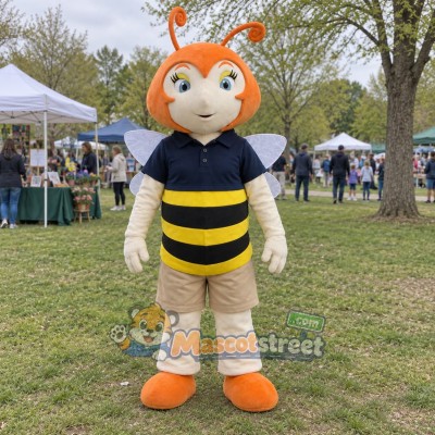 Bee Girl Mascot Costume with Navy Shirt and Tan Shorts Bee Girl Mascot Costume with Navy Shirt and Tan Shorts