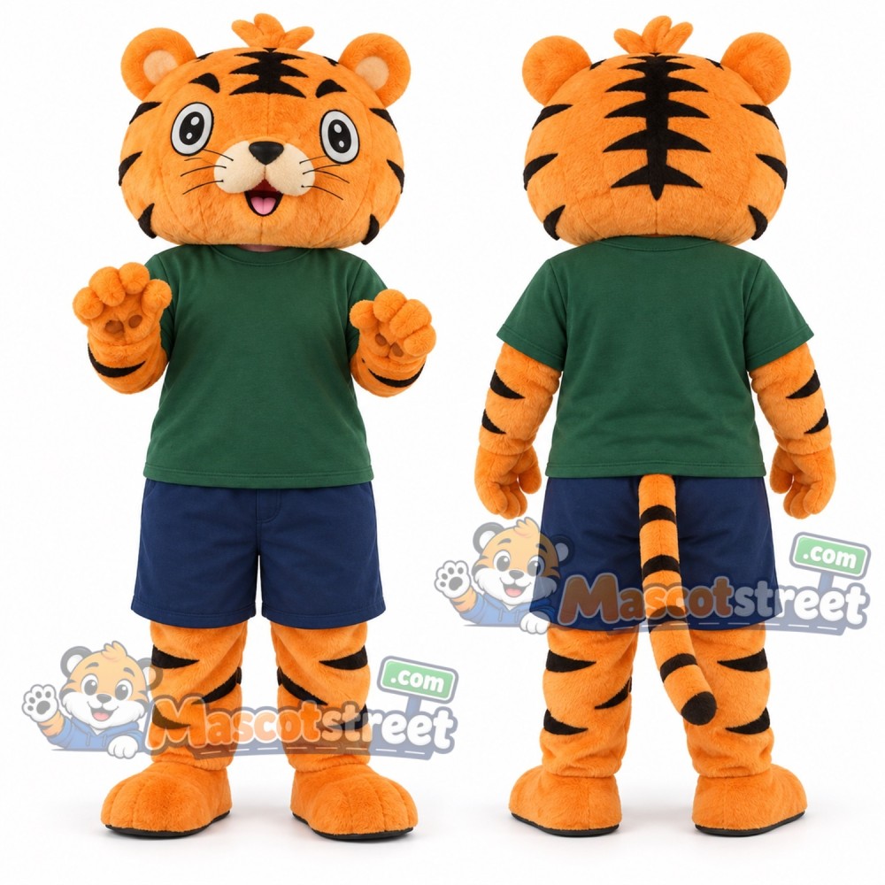Orange Tiger Mascot Costume with Green Shirt and Navy Shorts
