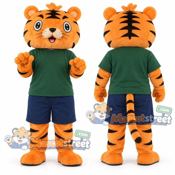 Orange Tiger Mascot Costume with Green Shirt and Navy Shorts