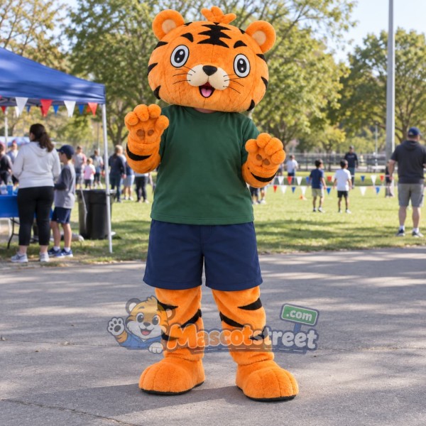 Orange Tiger Mascot Costume with Green Shirt and Navy Shorts