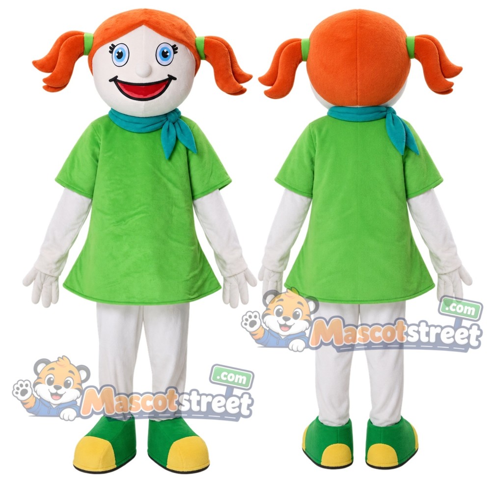 Girl Mascot Costume with Green Shirt and Orange Pigtails