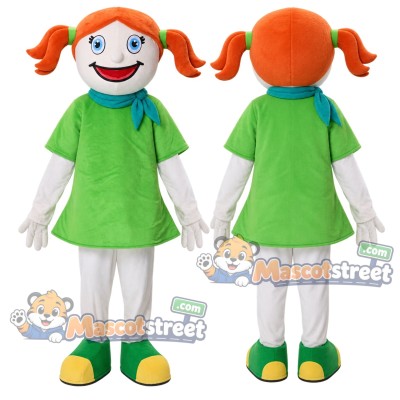 Girl Mascot Costume with Green Shirt and Orange Pigtails