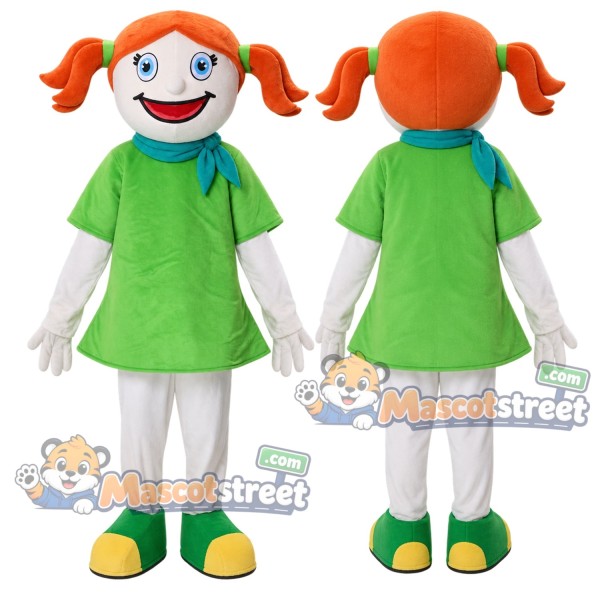 Girl Mascot Costume with Green Shirt and Orange Pigtails
