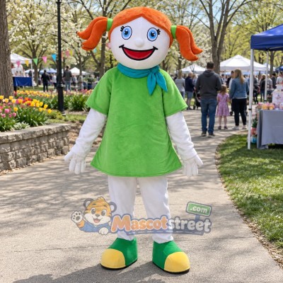 Girl Mascot Costume with Green Shirt and Orange Pigtails