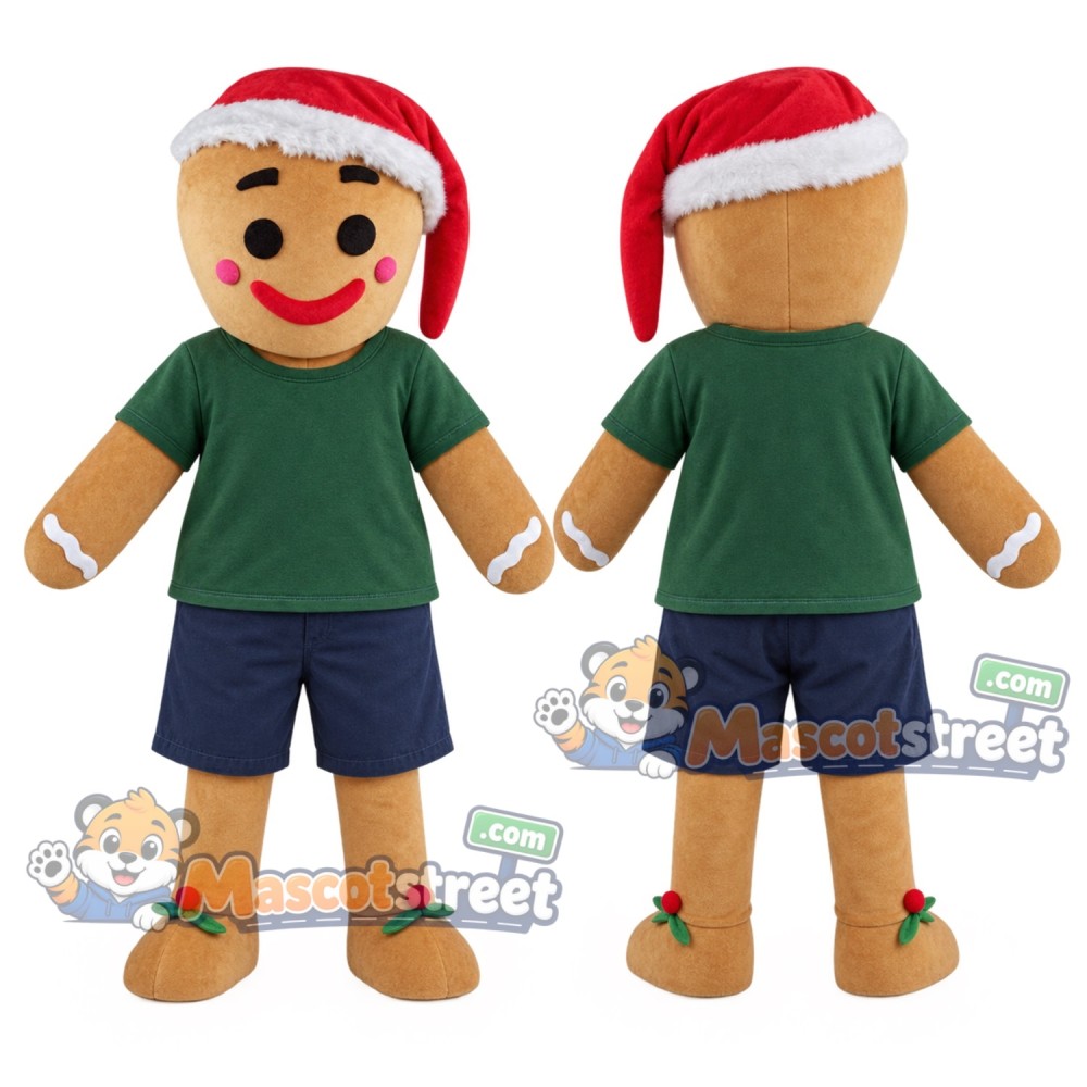 Gingerbread Man Mascot Costume with Green Shirt and Navy Shorts