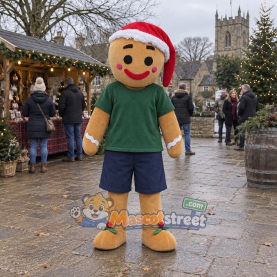 Gingerbread Man Mascot Costume with Green Shirt and Navy Shorts
