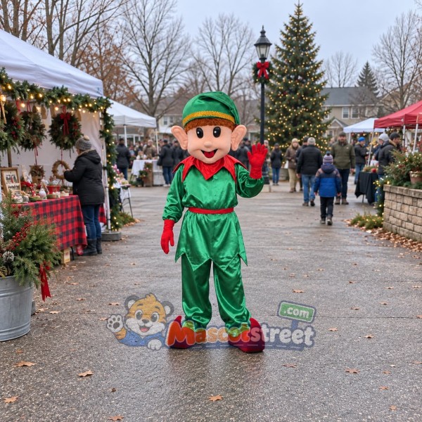 Christmas Elf Mascot Costume with Green Suit and Cap