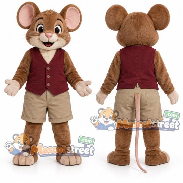 Brown Mouse Mascot Costume with Burgundy Vest and Khaki Shorts