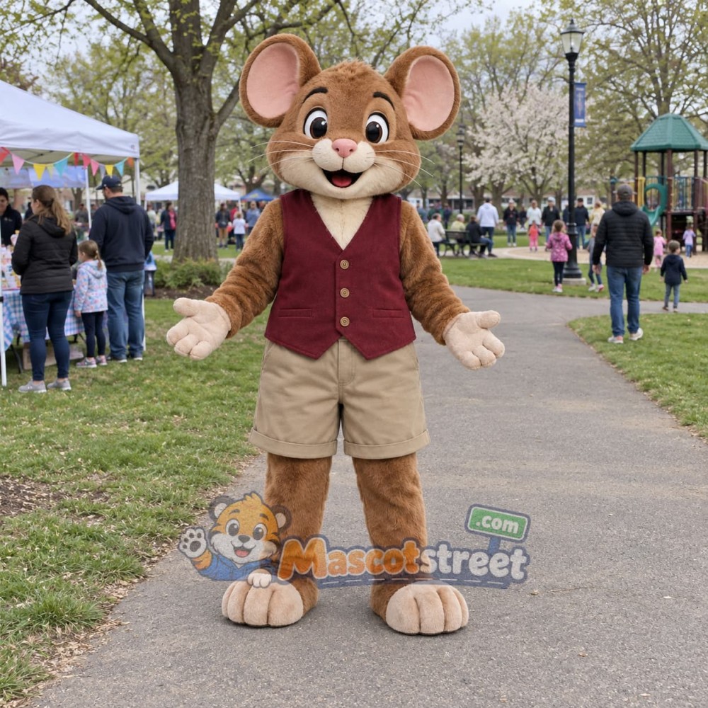 Brown Mouse Mascot Costume with Burgundy Vest and Khaki Shorts