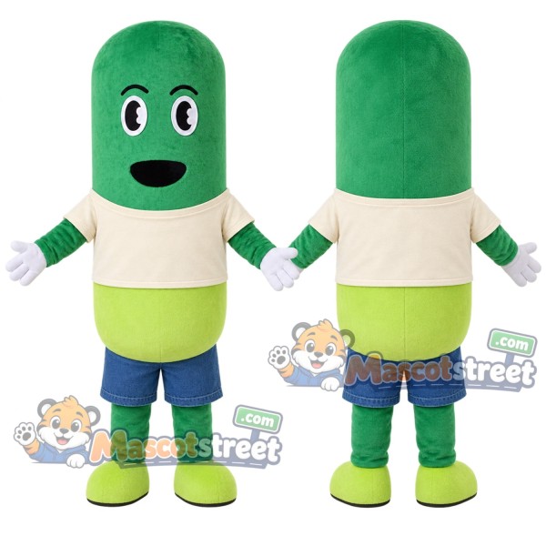 Green and White Capsule Mascot Costume with Blue Shorts