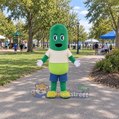 Green and White Capsule Mascot Costume with Blue Shorts