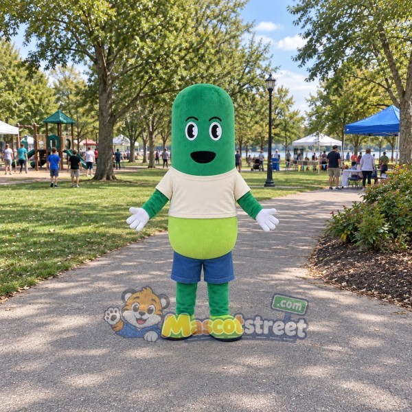 Green and White Capsule Mascot Costume with Blue Shorts