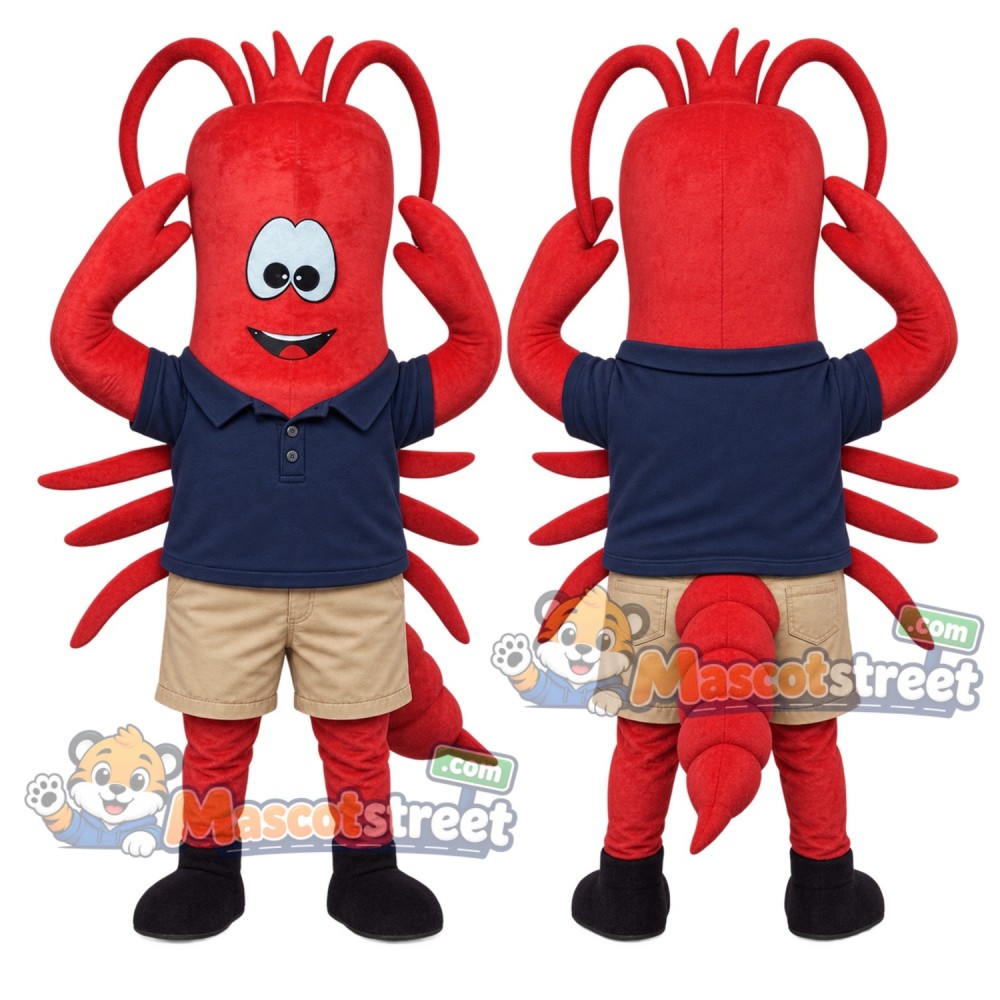 Red Lobster Mascot Costume with Navy Shirt and Tan Shorts Red Lobster Mascot Costume with Navy Shirt and Tan Shorts