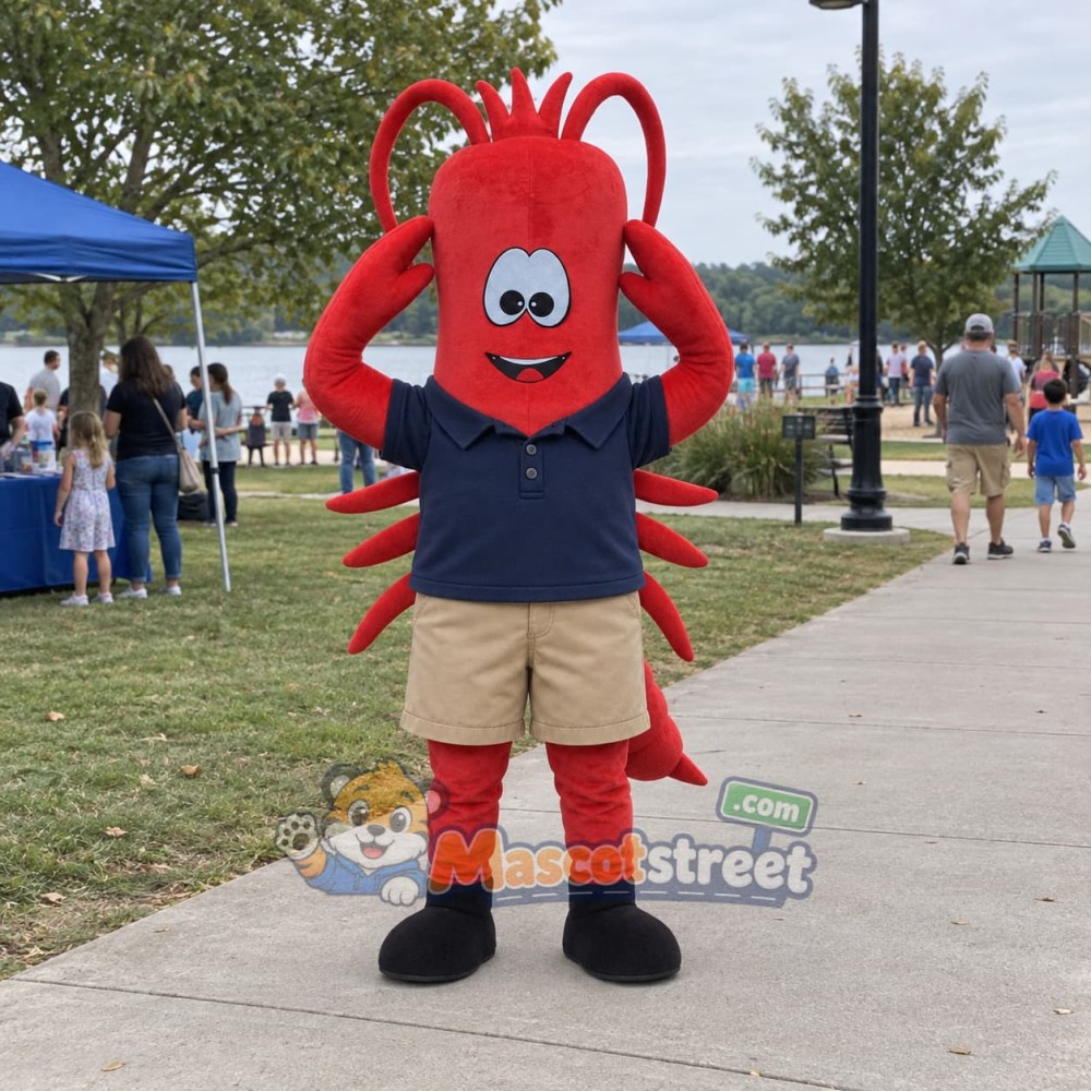 Red Lobster Mascot Costume with Navy Shirt and Tan Shorts Red Lobster Mascot Costume with Navy Shirt and Tan Shorts