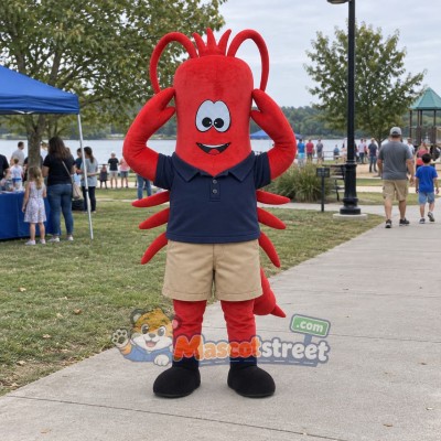 Red Lobster Mascot Costume with Navy Shirt and Tan Shorts Red Lobster Mascot Costume with Navy Shirt and Tan Shorts