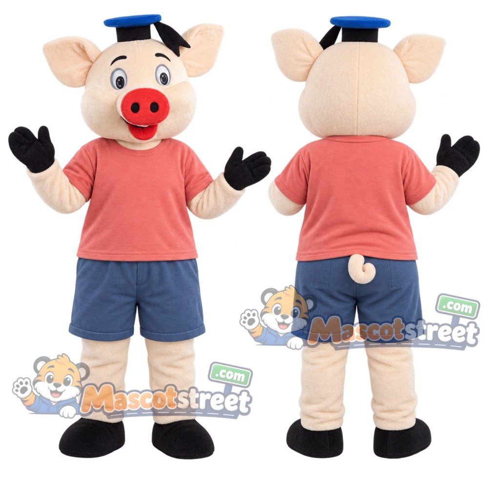 Pink Pig Mascot Costume with Coral Shirt and Graduation Cap