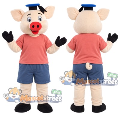 Pink Pig Mascot Costume with Coral Shirt and Graduation Cap