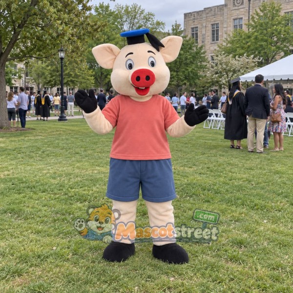 Pink Pig Mascot Costume with Coral Shirt and Graduation Cap