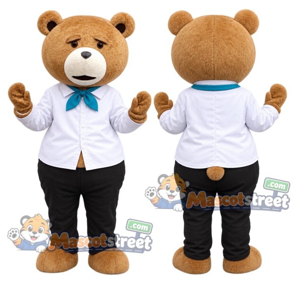 Brown Bear Mascot Costume with White Shirt and Blue Bow Tie