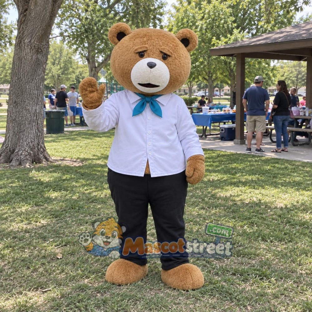 Brown Bear Mascot Costume with White Shirt and Blue Bow Tie
