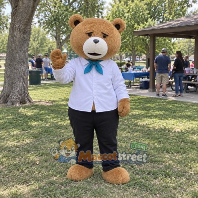 Brown Bear Mascot Costume with White Shirt and Blue Bow Tie