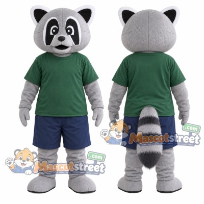Gray Raccoon Mascot Costume with Green Shirt and Navy Shorts