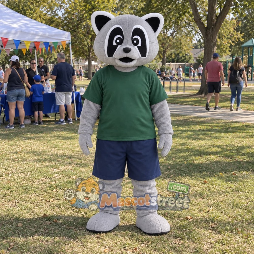 Gray Raccoon Mascot Costume with Green Shirt and Navy Shorts