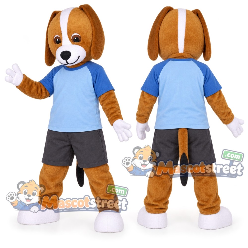 Brown and White Dog Mascot Costume with Blue Shirt and Gray Shorts