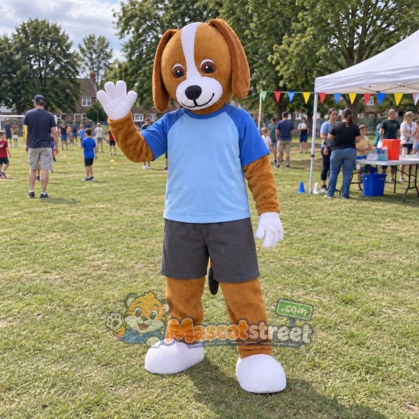 Brown and White Dog Mascot Costume with Blue Shirt and Gray Shorts