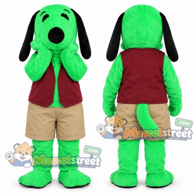 Green Dog Mascot Costume with Burgundy Vest and Khaki Shorts Green Dog Mascot Costume with Burgundy Vest and Khaki Shorts