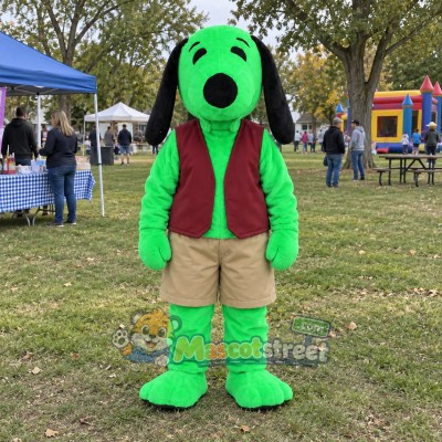 Green Dog Mascot Costume with Burgundy Vest and Khaki Shorts Green Dog Mascot Costume with Burgundy Vest and Khaki Shorts