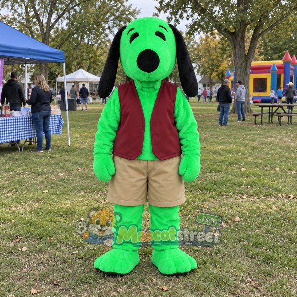 Green Dog Mascot Costume with Burgundy Vest and Khaki Shorts