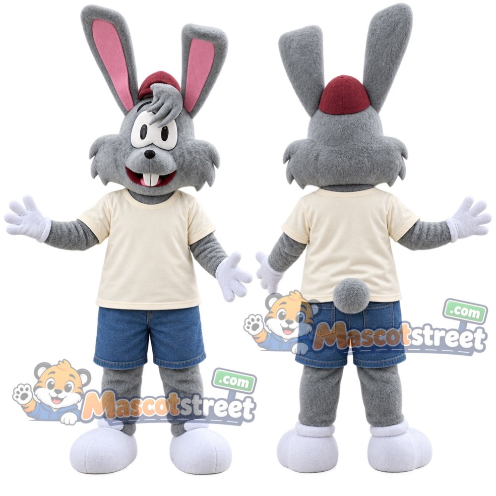 Gray Rabbit Mascot Costume with Cream Shirt and Navy Shorts Gray Rabbit Mascot Costume with Cream Shirt and Navy Shorts
