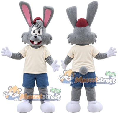 Gray Rabbit Mascot Costume with Cream Shirt and Navy Shorts Gray Rabbit Mascot Costume with Cream Shirt and Navy Shorts