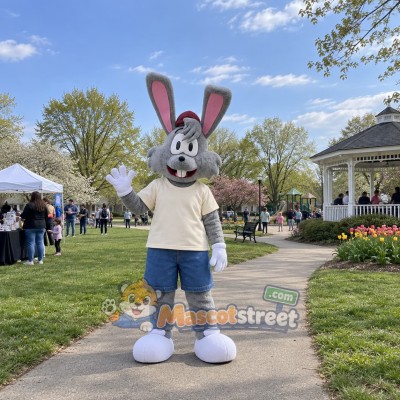 Gray Rabbit Mascot Costume with Cream Shirt and Navy Shorts Gray Rabbit Mascot Costume with Cream Shirt and Navy Shorts