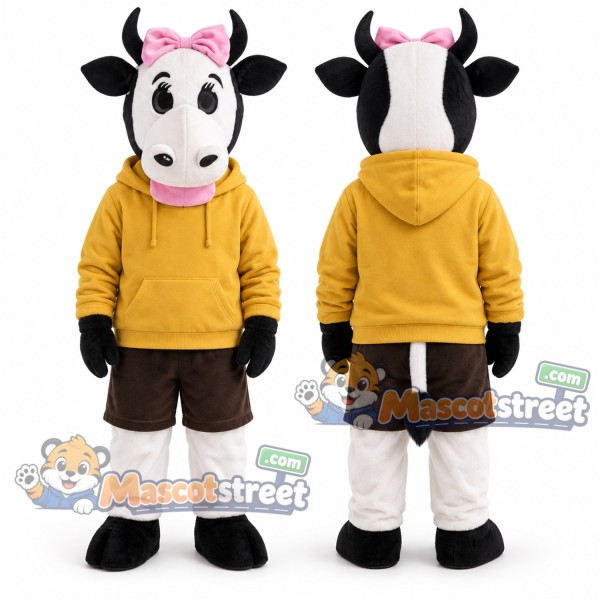 Black and White Cow Mascot Costume with Yellow Hoodie and Brown Shorts