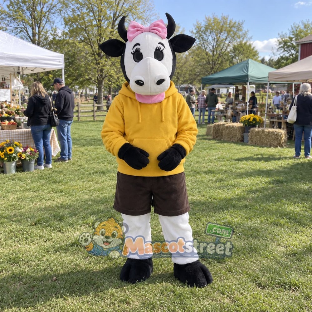 Black and White Cow Mascot Costume with Yellow Hoodie and Brown Shorts