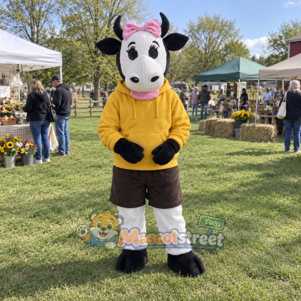 Black and White Cow Mascot Costume with Yellow Hoodie and Brown Shorts