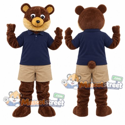 Brown Bear Mascot Costume with Navy Shirt and Khaki Shorts Brown Bear Mascot Costume with Navy Shirt and Khaki Shorts